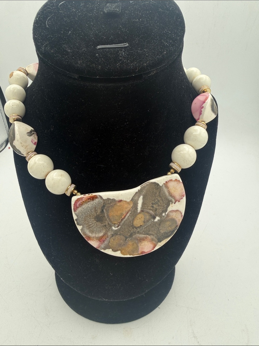 VTG MCM chunky Japanese Hand Painted Ceramic Bib Statement Necklace Marked Japan